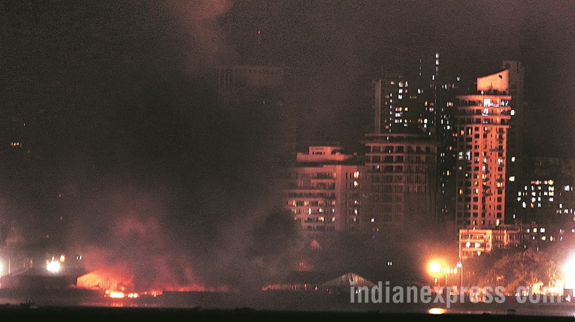 A massive fire broke out on Sunday evening during a cultural programme at Make In India week event in Mumbai. The fire broke out below the stage during the programme.Maharashtra chief minister Devendra Fadnavis and governor C Vidyasagar Rao who were present during the programme were quickly moved out of the area. Express Photos by Pradip Das,14/02/16,Mumbai