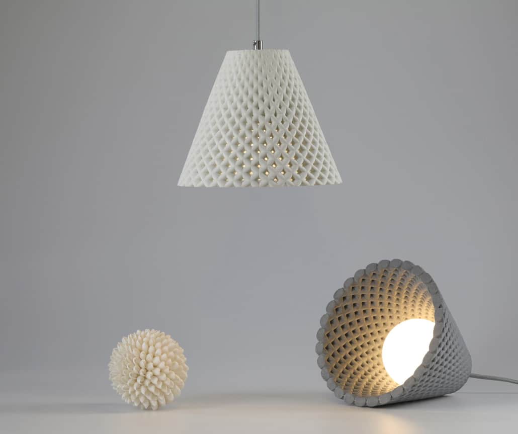 Dror Caspi's "Helia" concrete pendant and table lamp (and that weird spikey nightmare ball thing)